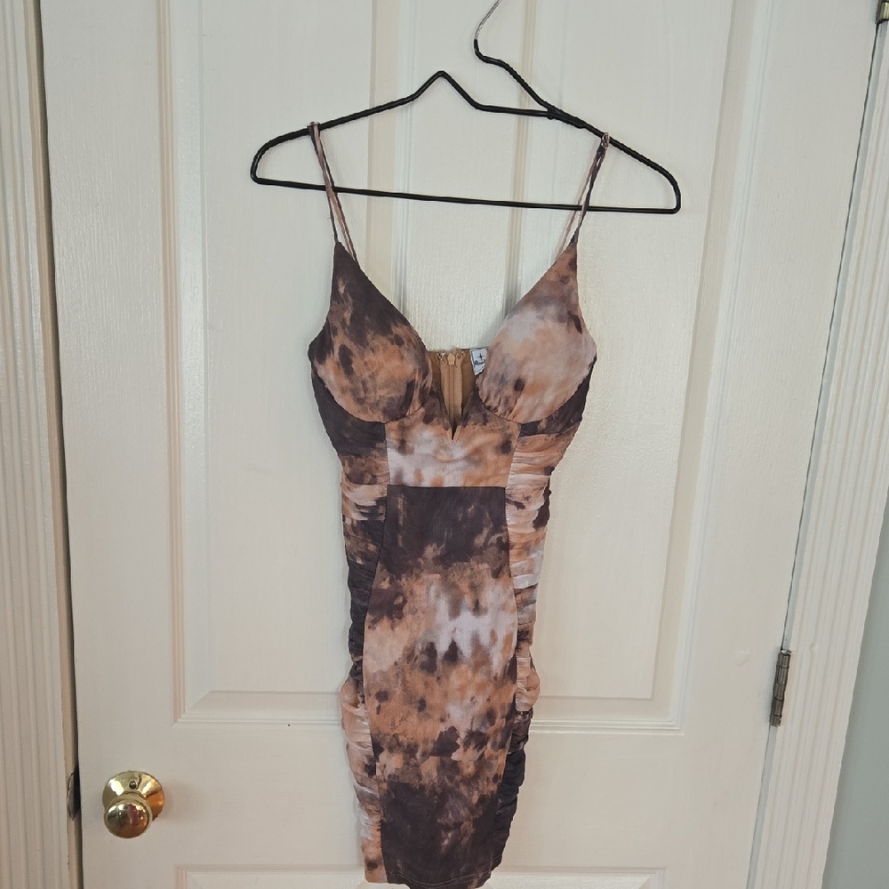 Angel Biba Brown and Cream Tie-Dye Ruched Mini Dress